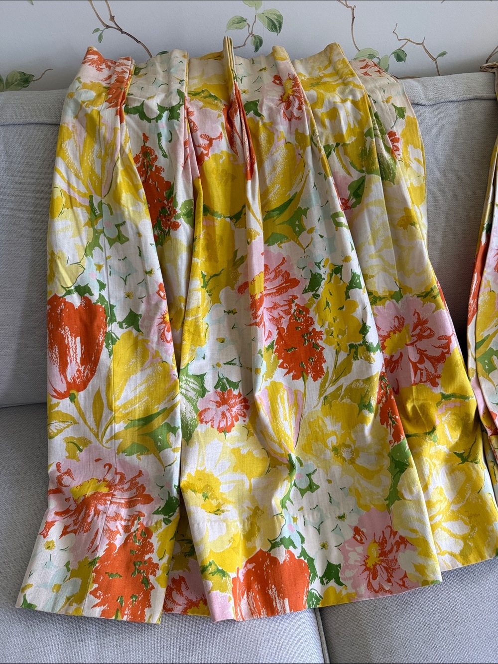 Mid Century Cohama Floral Pleated Curtain Panels Camellia Yellow, Orange, Green